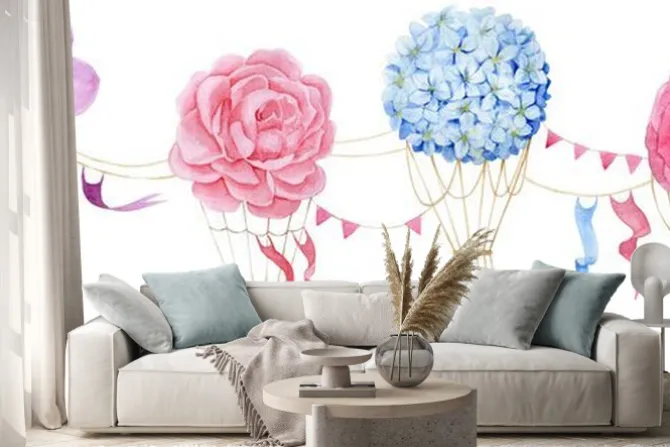 Naklejka: Watercolor drawing set of balloons with flowers, border, print.