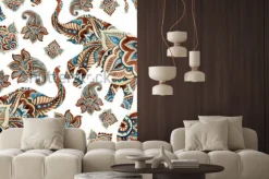 Naklejka: Watercolor ethnic elephant with paisley elements background.