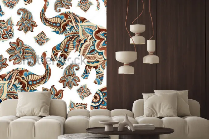 Naklejka: Watercolor ethnic elephant with paisley elements background.