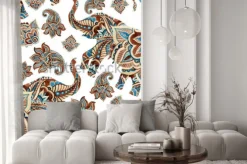 Naklejka: Watercolor ethnic elephant with paisley elements background.