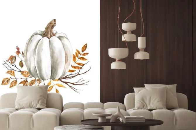 Naklejka: Watercolor fall pumpkin arrangement, beautiful autumn decoration,