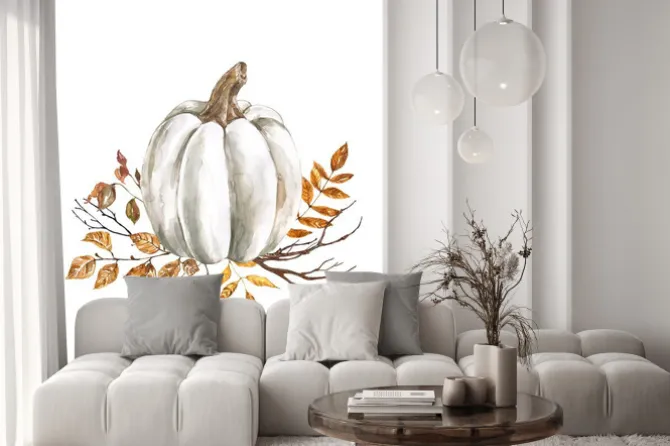 Naklejka: Watercolor fall pumpkin arrangement, beautiful autumn decoration,