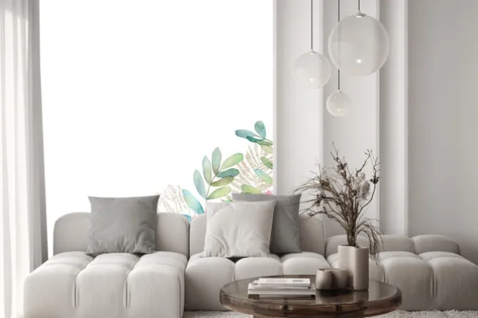 Naklejka: Watercolor floral card with eucalyptus branch, gold glitter elements