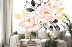 Naklejka: Watercolor flowers, floral bouquet with gold gray leaves and