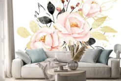 Naklejka: Watercolor flowers, floral bouquet with gold gray leaves and