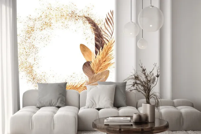 Naklejka: Watercolor frame with graphic element, palm leaves, flowers,