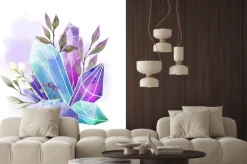 Naklejka: Watercolor gems, crystals and leaves, hand drawn watercolor