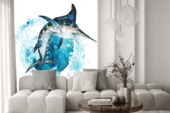 Naklejka: Watercolor hand-drawn marlin illustration - jumping up from the