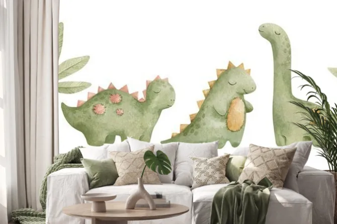 Naklejka: Watercolor illustration set with cute dino toys for kids. dinosaurs,