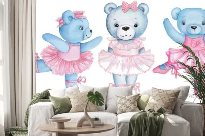 Naklejka: Watercolor illustration of three dancing teddy bears in pink