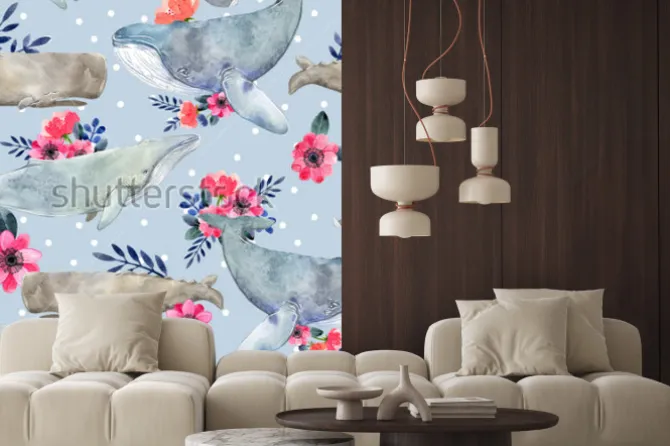 Naklejka: Watercolor illustration with whale. seamless pattern with watercolor