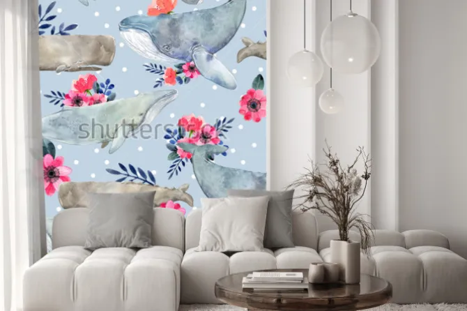 Naklejka: Watercolor illustration with whale. seamless pattern with watercolor