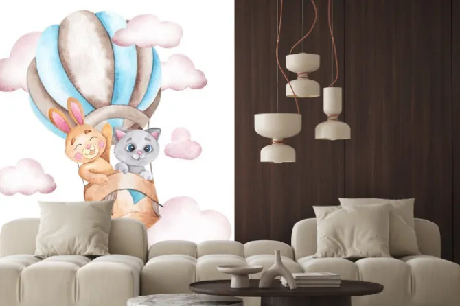 Naklejka: Watercolor illustration with cute rabbir and cat, air balloon