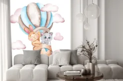 Naklejka: Watercolor illustration with cute rabbir and cat, air balloon