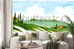 Naklejka: Watercolor illustration of small village in europe. alpine landscape