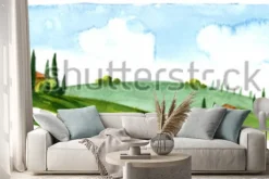 Naklejka: Watercolor illustration of small village in europe. alpine landscape