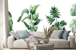 Naklejka: Watercolor image with tropical leaves and leaves of indoor plants.
