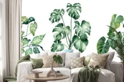 Naklejka: Watercolor image with tropical leaves and leaves of indoor plants.