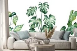 Naklejka: Watercolor image with tropical leaves and leaves of indoor plants.