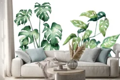 Naklejka: Watercolor image with tropical leaves and leaves of indoor plants.