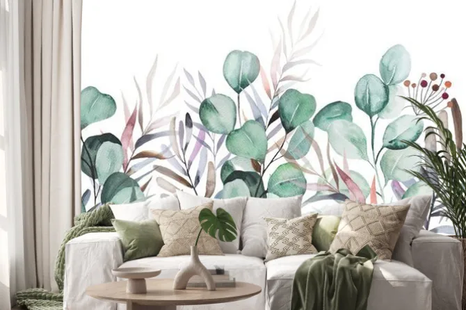 Naklejka: Watercolor light green eucaliptus branches and leaves seamless