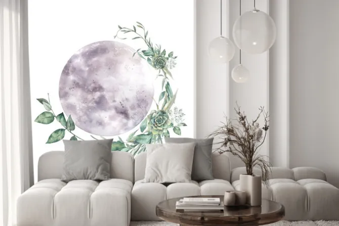 Naklejka: Watercolor moon and floral wreath. natural illustration for logo,