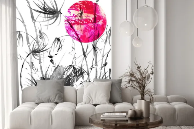 Naklejka: Watercolor painting of bamboo forest on textured paper. decorative