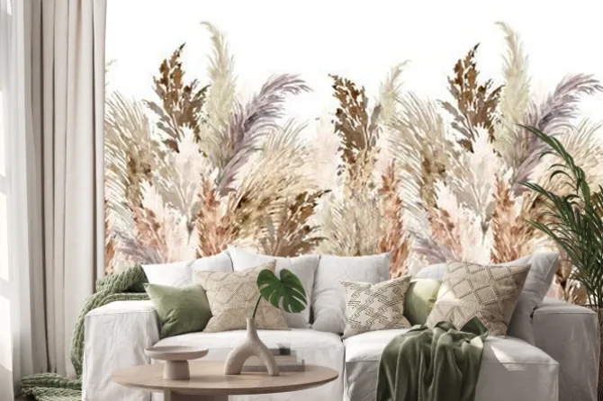 Naklejka: Watercolor pampas grass seamless border. repeatable boho dried
