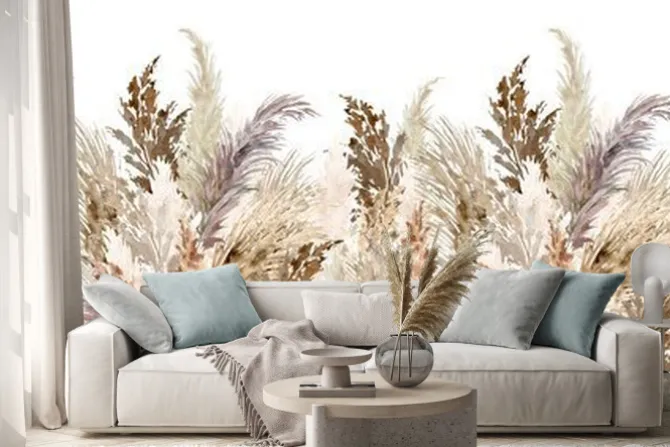 Naklejka: Watercolor pampas grass seamless border. repeatable boho dried