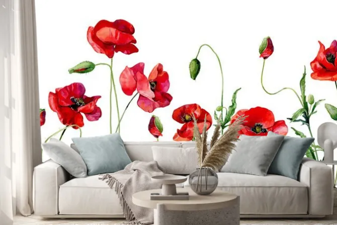 Naklejka: Watercolor poppies and buds on white background