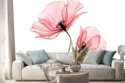 Naklejka: Watercolor poppy artwork. transparent big and small flowers isolated
