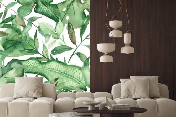 Naklejka: Watercolor seamless pattern green tropical leaves