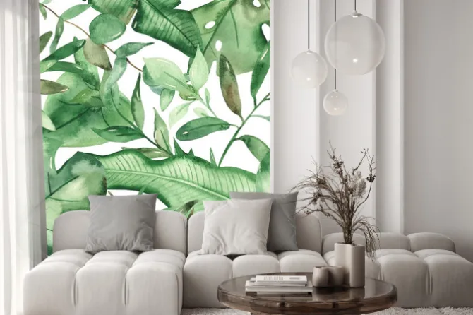 Naklejka: Watercolor seamless pattern green tropical leaves