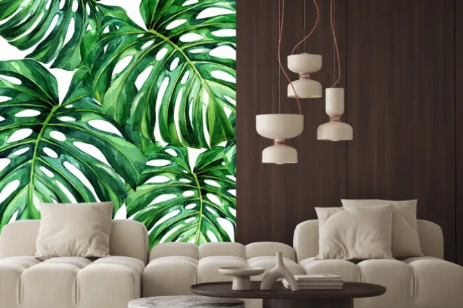 Naklejka: Watercolor seamless pattern of tropical leaves.