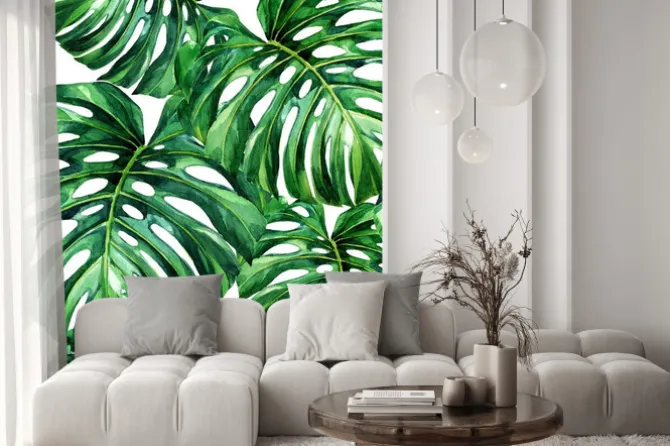 Naklejka: Watercolor seamless pattern of tropical leaves.