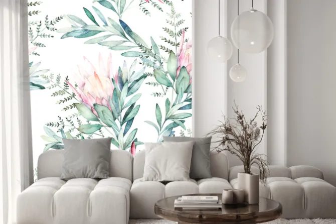 Naklejka: Watercolor seamless pattern witn eucalyptus branch protea and