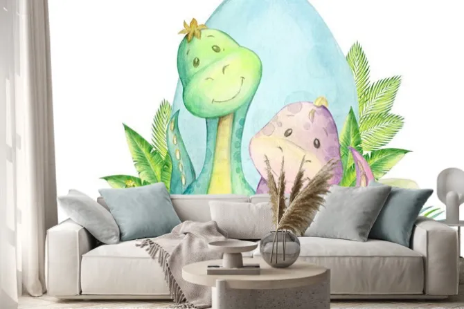 Naklejka: Watercolor, seamless pattern. little dinosaur. isolated