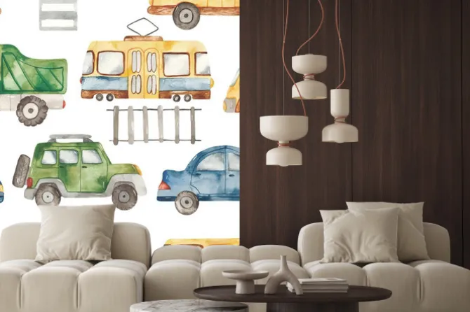 Naklejka: Watercolor seamless pattern with urban cartoon cute transport.