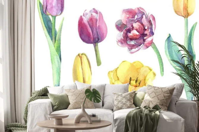 Naklejka: Watercolor set of yellow, violet and pink tulips.