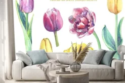 Naklejka: Watercolor set of yellow, violet and pink tulips.