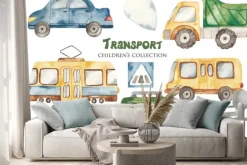 Naklejka: Watercolor set with a cute cartoon kids transport for a boy.