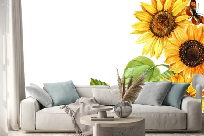 Naklejka: Watercolor sunflowers and butterflies, hand drawn floral illustration