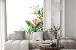 Naklejka: Watercolor tropical flowers and palm leaves card. hand painted