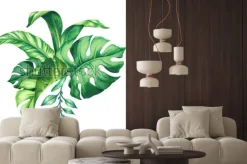 Naklejka: Watercolor tropical green leaves, isolated on white background