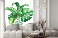 Naklejka: Watercolor tropical green leaves, isolated on white background