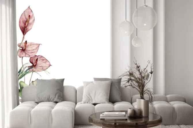 Naklejka: Watercolor tropic card with anthurium and palm leaves. hand painted