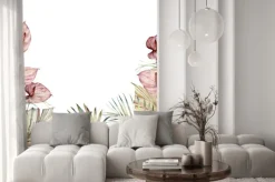 Naklejka: Watercolor tropic border with anthurium and palm leaves. hand