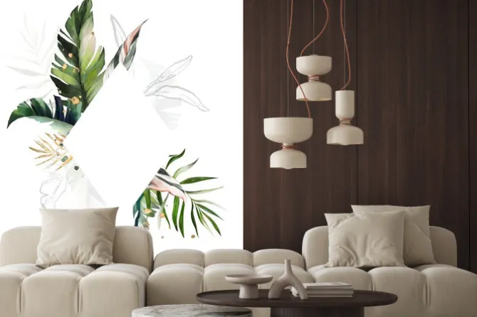 Naklejka: Watercolor tropic frame. card with illustration leaves. green