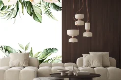 Naklejka: Watercolor tropical floral border - green, blush leaves & flowers