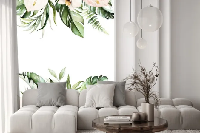 Naklejka: Watercolor tropical floral border - green, blush leaves & flowers